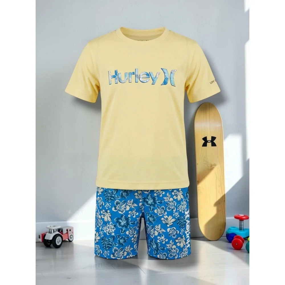 Hurley Kids 2-Piece Swim Set Floral Graphic T-Shirt and Board Shorts Size 6